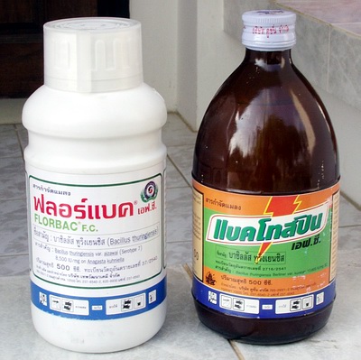Figure 13. Two types of Bt commonly found in Thailand: trade names Florbac (Bt aizawai) and Bactospeine (Bt kurstaki).